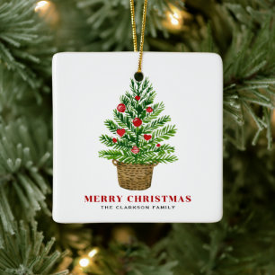 Ornement En Céramique Arbre de Noël sur un panier en osier Joyeux Noël