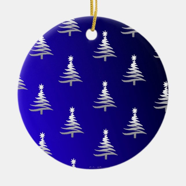 Ornement En Céramique Arbres de Noël Argent sur Bleu Cobalt (Devant)