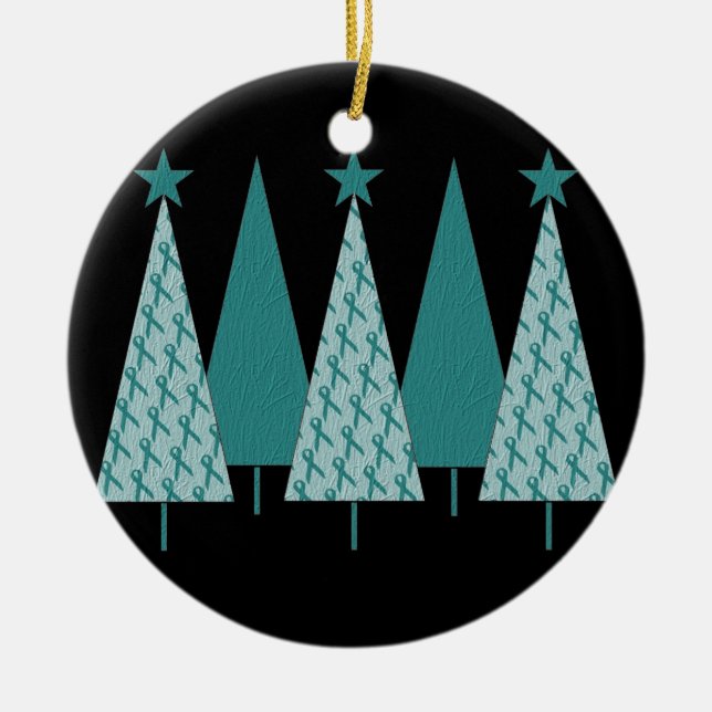 Ornement En Céramique Arbres de Noël - Cancer ovarien de ruban turquoise (Devant)