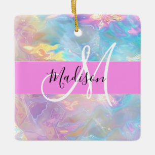 Ornement En Céramique Arc-en-ciel girly holographique iridescent monogra