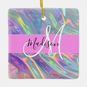 Ornement En Céramique Arc-en-ciel Girly Holographique Iridescent Monogra