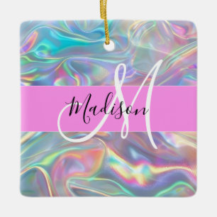 Ornement En Céramique Arc-en-ciel girly holographique monogramme iridesc