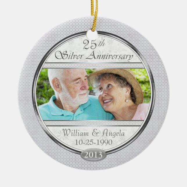 Ornement En Céramique Argent 25e anniversaire Custom Photo Ornament (Devant)