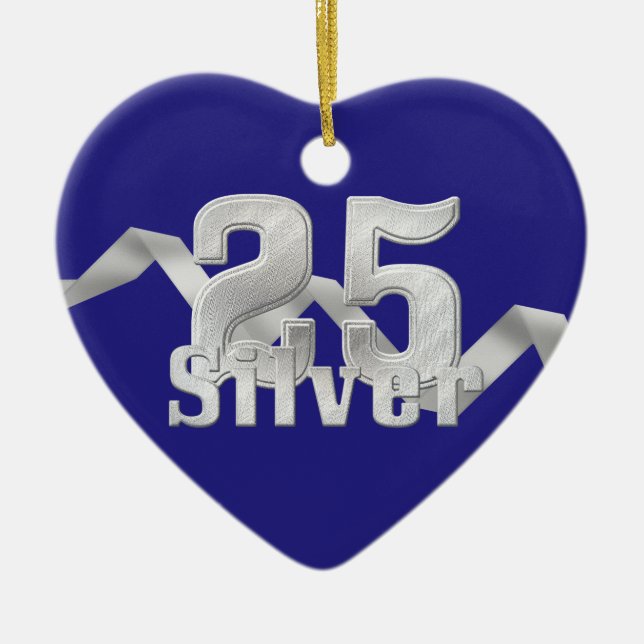 Ornement En Céramique Argent sur bleu 25e anniversaire (Devant)