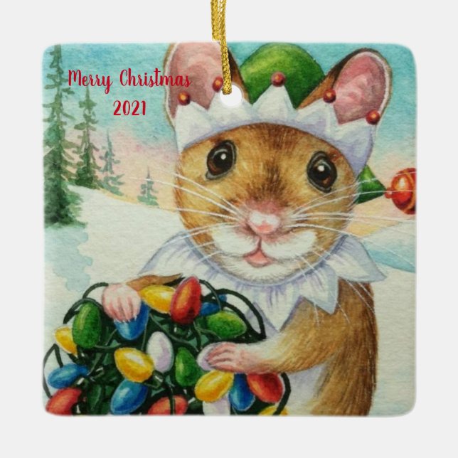 Ornement En Céramique Arôme d'aquarelle Whimsical North Pole Elf Mouse (Devant)