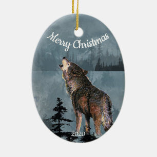 Ornement En Céramique Art daté d'aquarelle de loup d'hurlement de Noël