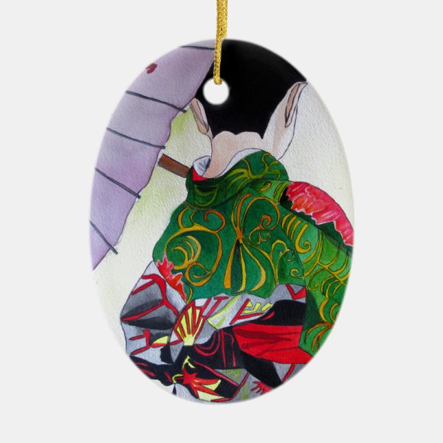 Ornement En Céramique Art japonais Geisha avec kimono et parapluie (Devant)