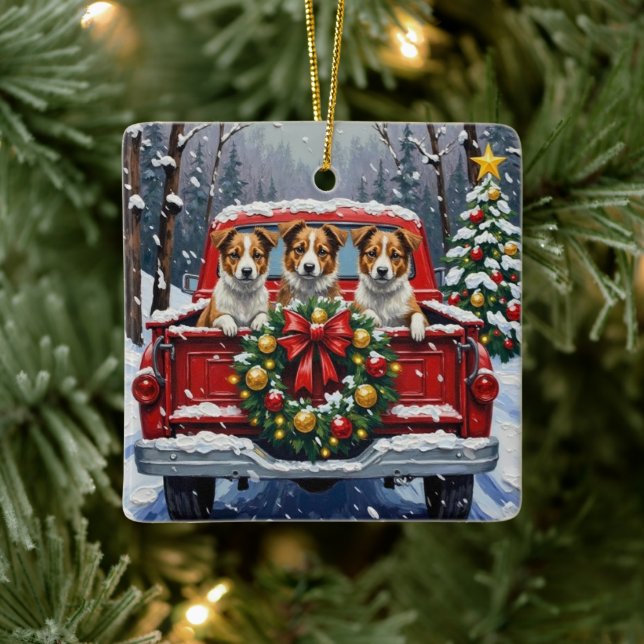 Ornement En Céramique Australian Terrier Christmas Red Truck Holiday (Arbre)