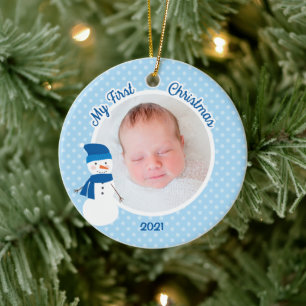 Ornement En Céramique Baby Boy Blue Snowman Photo de Noël