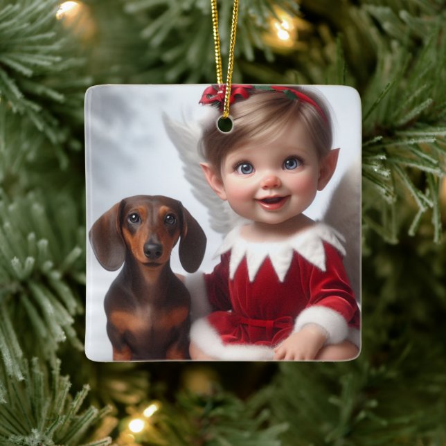 Ornement En Céramique Baby Christmas Elf and Dachshund Card (Arbre)