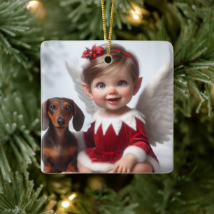 Ornement En Céramique Baby Christmas Elf and Dachshund Card