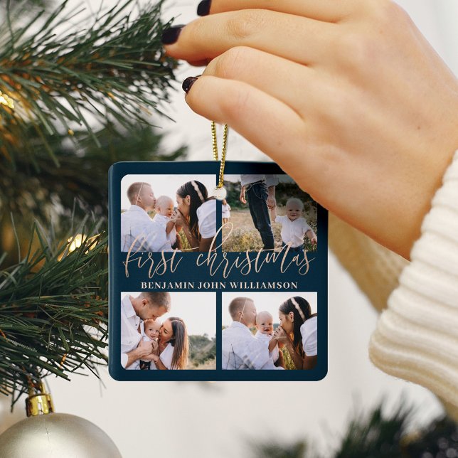 Ornement En Céramique Baby First Christmas Marine Gold Script Four Photo (Baby First Christmas Navy Gold Script Four Photo Ceramic Ornament)
