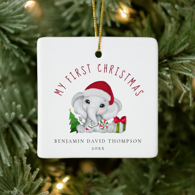 Ornement En Céramique Baby First Christmas Photo Cute Elephant (Arbre)