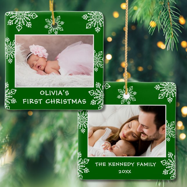 Ornement En Céramique Baby First Christmas Snowflakes 2 Photo Green (Créateur téléchargé)