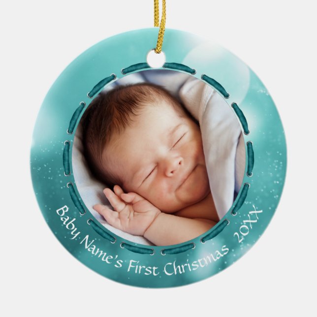 Ornement En Céramique Baby First Christmas Turquoise Bokeh Photo personn (Devant)