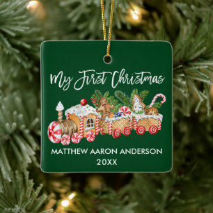 Ornement En Céramique Baby My First Christmas Gingerbread Train Green