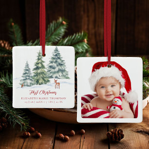 Ornement En Céramique Baby Premier Noël Photographie Cerf Hibou Bois