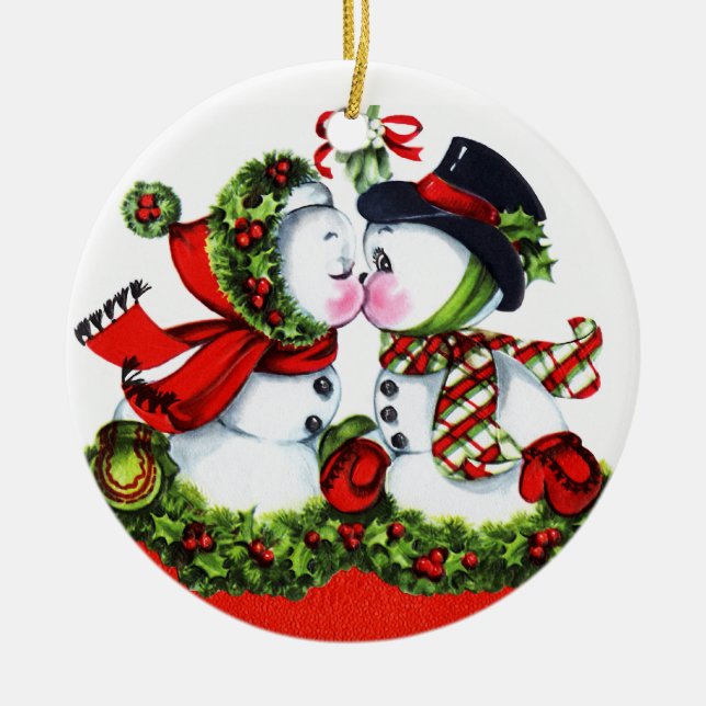 Ornement En Céramique Baisers des couples de bonhomme de neige (Devant)