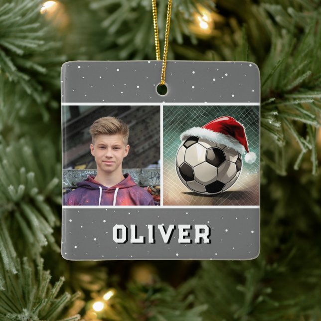 Ornement En Céramique Bal de football avec Santa Hat Snowflake Photo (Arbre)