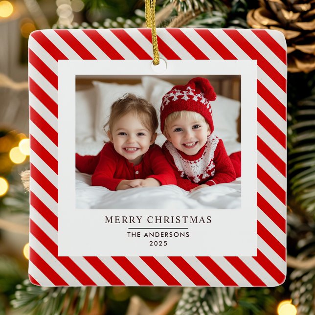 Ornement En Céramique "Bande rouge avec photo Joyeux Noël et nom (Créateur téléchargé)