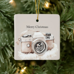 Ornement En Céramique Bandes de Noël beige crème pour appareil photo