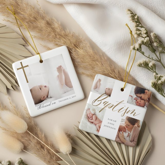 Ornement En Céramique Baptism Calligraphy Photo Collage Baby Keepsake (Baptism Calligraphy Photo Collage Baby Keepsake Ceramic Ornament)