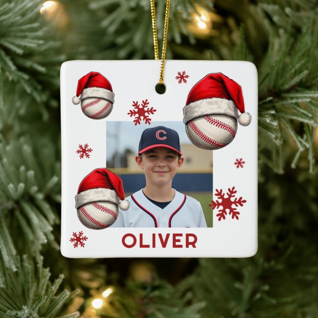 Ornement En Céramique Baseball Ball Santa Hat Name Photo Christmas  (Arbre)