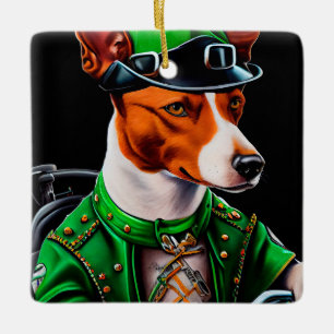 Ornement En Céramique Basenji Chien conduisant vélo St. Patrick's Day