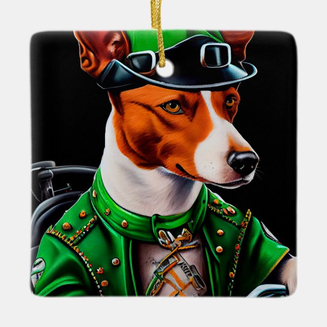 Ornement En Céramique Basenji Chien conduisant vélo St. Patrick's Day (Devant)