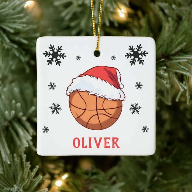 Ornement En Céramique Basket Ball Santa Hat Snowflon Nom (Arbre)