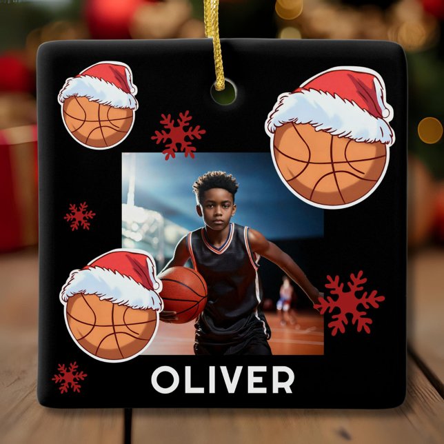 Ornement En Céramique Basketball Ball Santa Hat Name Photo Christmas  (Créateur téléchargé)