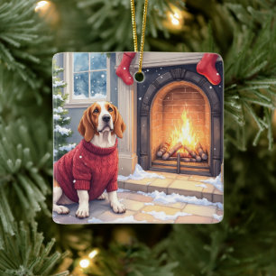 Ornement En Céramique Basset Hound à l'aquarelle au coin du feu Noël