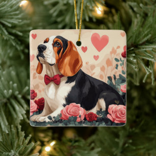 Ornement En Céramique Basset Hound avec Roses - Saint Valentin