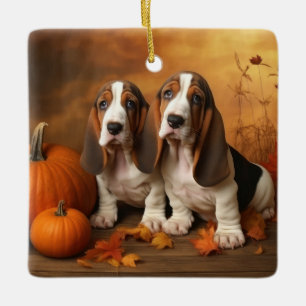 Ornement En Céramique Basset Hound Chiot Automne Citrouille de plaisir