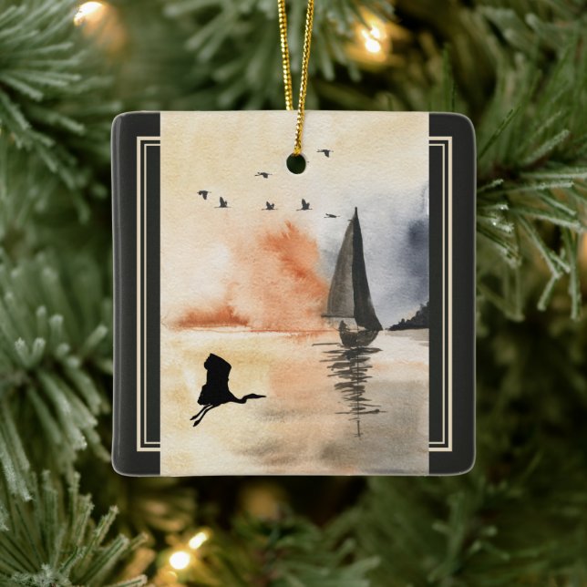Ornement En Céramique Bateau à voile et oiseaux personnalisés Noël (Arbre)