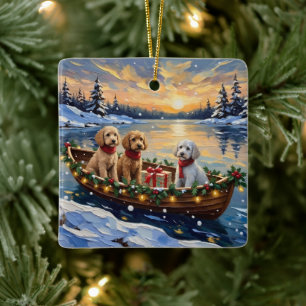 Ornement En Céramique Bateau de Noël de Caniche Fêtes