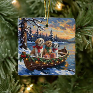 Ornement En Céramique Bateau de Noël du Shih Tzu pour les Fêtes