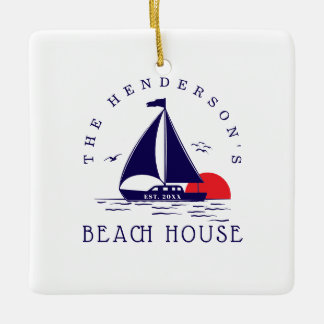 Ornement En Céramique Beach House Nautical boat Sunset navy blue