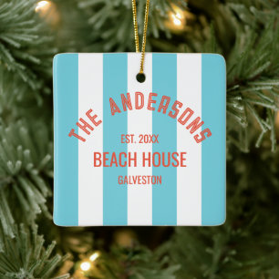 Ornement En Céramique Beach House Nom personnalisé Blue Cabana Stripe