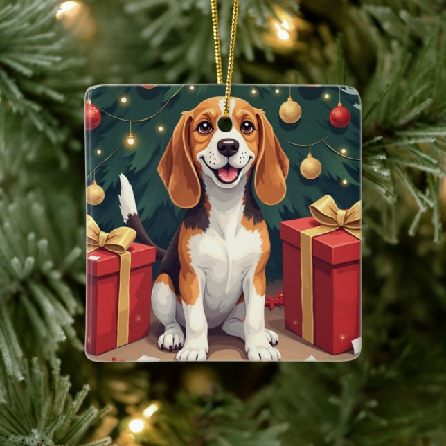Ornement En Céramique Beagle Christmas Morning Gift-Unboxing Painting (Arbre)