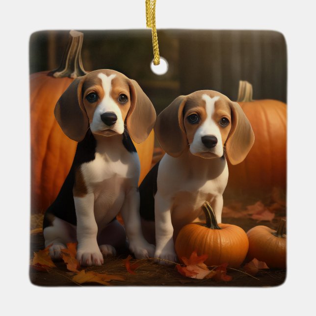 Ornement En Céramique Beagle Puppy Automne Citrouille de plaisir (Devant)
