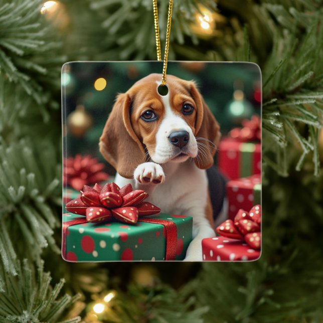Ornement En Céramique Beagle Wrapping Gifts Christmas Painting (Arbre)