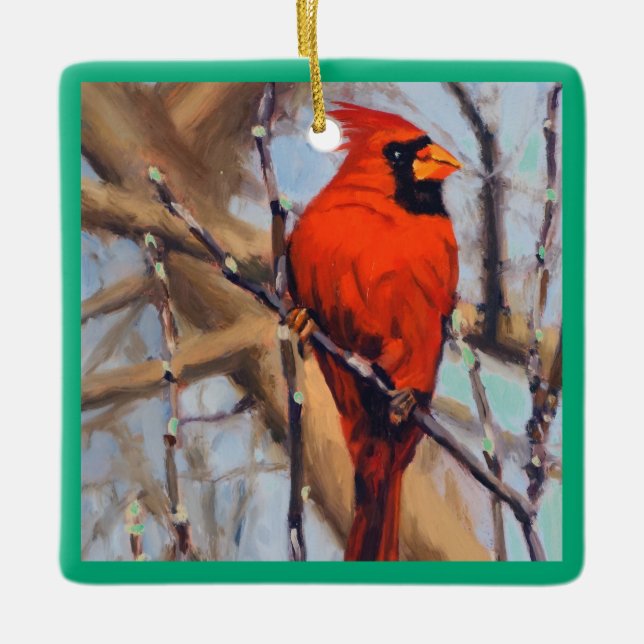 Ornement En Céramique Beau Oiseau Cardinal Rouge En Arbre (Devant)