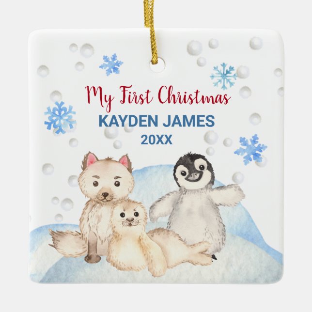 Ornement En Céramique Bébé 1er Noël Animaux arctiques Aquarelle (Devant)