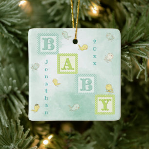 Ornement En Céramique Bébé Blocs d'oiseaux Nom personnalisé Année Noël