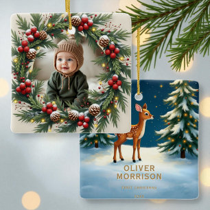 Ornement En Céramique Bébé de Noël en forêt, photo de son premier Noël