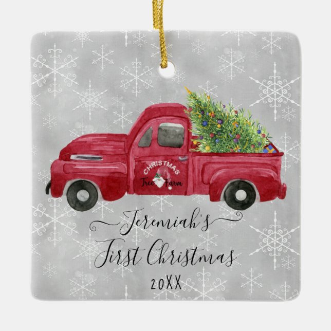 Ornement En Céramique Bébé du Camion Rouge Premier Arbre de Noël Photo (Devant)