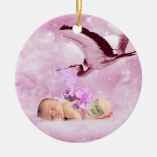 Ornement En Céramique Bébé fille nuages roses et cigognes noël