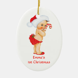 Ornement En Céramique Bébé Fille Premier Noël Chapeau Rouge de Père Noël