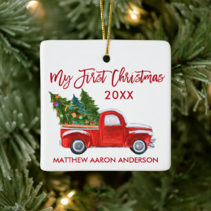Ornement En Céramique Bébé Mon Premier Noël Camion Vintage Rouge